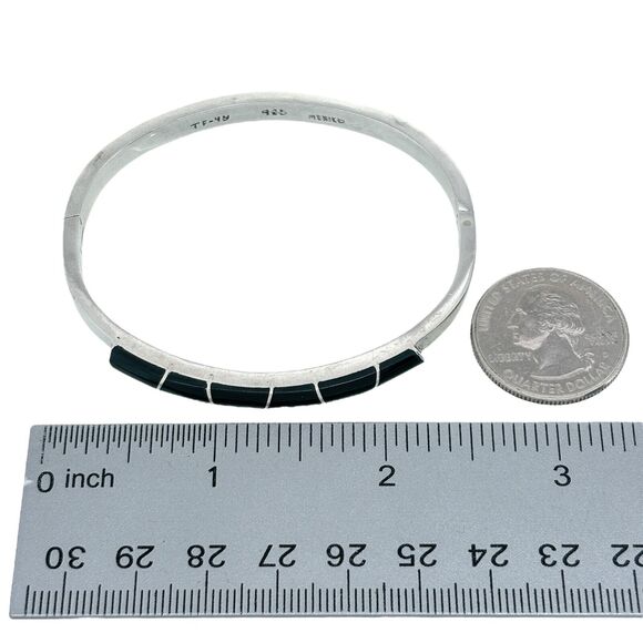 Vintage Sterling Silver 925 Mexico Black Resin Inlay Bangle Bracelet 6.75" - Picture 6 of 7